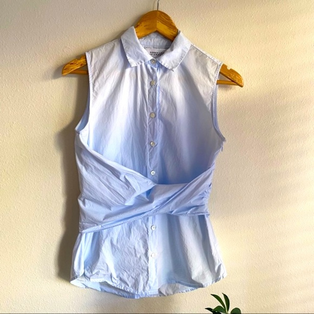 DEREK LAM 10 CROSBY Sleeveless Button Up Wrap Twist Light Blue Blouse Si…